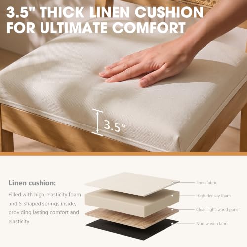 Butacos de altura para barra en mimbre, set de 4 unidades, respaldo de caña, estilo granja, cojín tapizado en lino, patas de madera maciza, estilo moderno de mediados de siglo, color beige miniatura 3