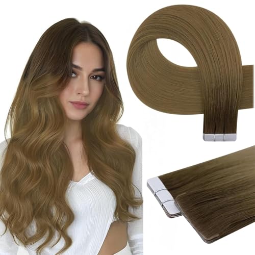 Image of Full Shine Tape in Hair Extensions Real Human Hair Ombre Color R3 Dark Brown to 8 Light Brown Virgin Human Hair Extensions Double Sided Tape in Extensions 10Gram 5Pcs 14Inch for Thin Hair