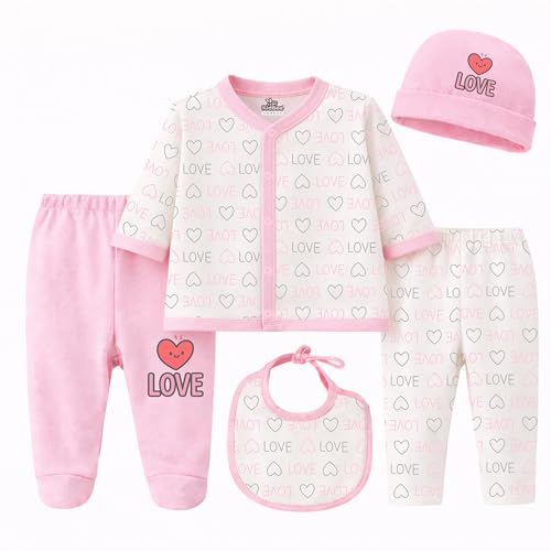 Image of Kidbee Baby Clothing Gift Set for Boys & Girls, 5 Piece Newborn Clothing Combo with Front Open Top, Pajama, Printed Pant, Cap & Bib, Soft Cotton, 0-6 Months Baby