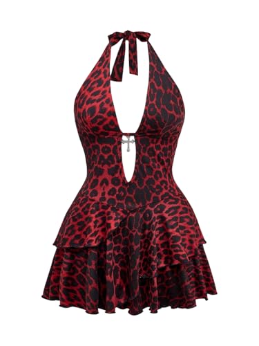 Image of SOLY HUX Women's Plus Size Leopard Print Halter Dress Y2k Gothic Deep V Cheetah Tie Backless Layered Ruffle Mini Dresses
