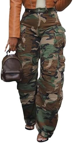 Vakkest Camo Cargo Jeans for Casual Women Wide Leg Baggy Y2k Denim Pants