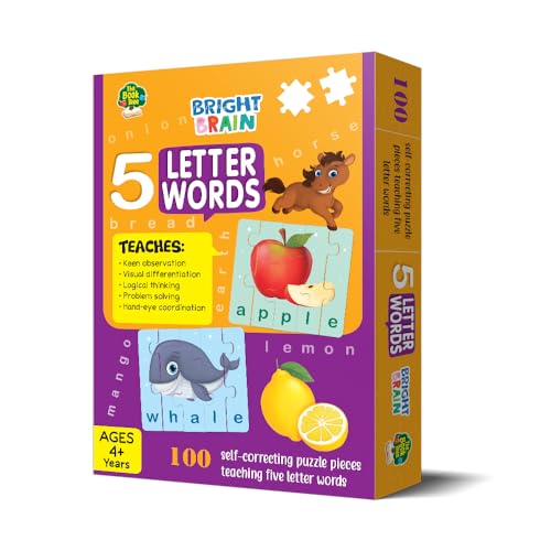 Image of THE BOOK TREE 4+ Years Bright Brain 5 Letter Words Puzzle - Learn to Spell 20 Four Letter Words 100 Pieces- Beautiful Colorful Pictures Age 4+ Gift Box By Majestic Book Club