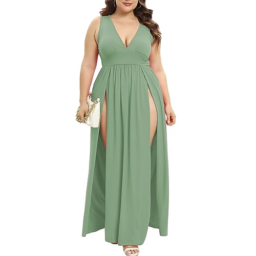 Image of SILUI Women's Summer 2026 Sexy Double High Slit Deep V Neck Plus Size Sundresses Thigh Split Maxi Club Party Dresses