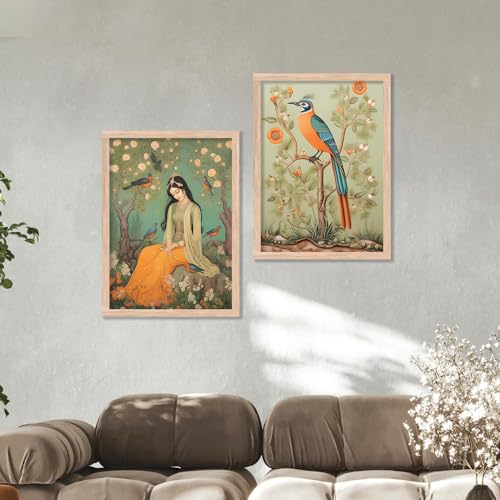 Image of kotart Premium Traditional Wall Art Set of 2 | Indian Woman & Decorative Bird Painting | MDF Wooden Framed Home Decor (Art 10, 19x25 inch)