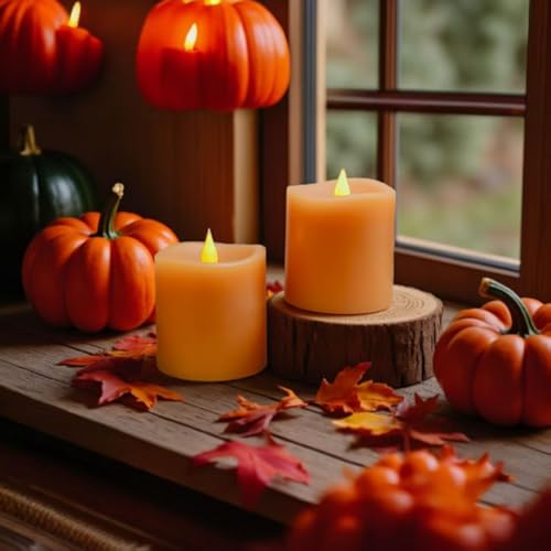 Image of Fall Flameless LED Candles 3 inch Diameter Real Wax 2AA Battery Operated 600hr+ Flickering Candles with Timer Remote Control for Halloween Thanksgiving Christmas Indoor (Orange, 3″x3″- 2 PCS)