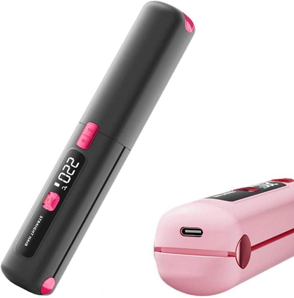 Portable 2 in 1 Travel Straightener and Curler, Cordless Hair Straightener 4500mAh, Rechargeable LCD Flat Iron, Mini Ceramic Curling Iron,USB Rechargeable Hot Tools (Black Pink)