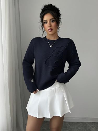 Image of Verdusa Women's Spring 3D Flower Appliques Crewneck Sweaters Long Sleeve Drop Shoulder Pullovers Knit Going Out Tops