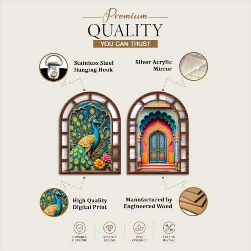 Image of Artvibes Royal Arch Theme Decorative Wall Accent |Jharokha Mirror | Wall Hanging Decor for Living Room, Bedroom, Hall, Dining Room, Foyer, Office & Entryway | Gift (WH 12023N), Set of 2