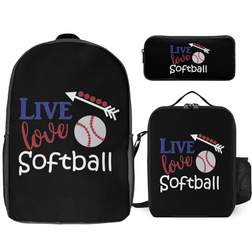 Live Love Softballs Classic Backpack Lunch Bag Pencil Case 3 Piece Set Travel Daypack