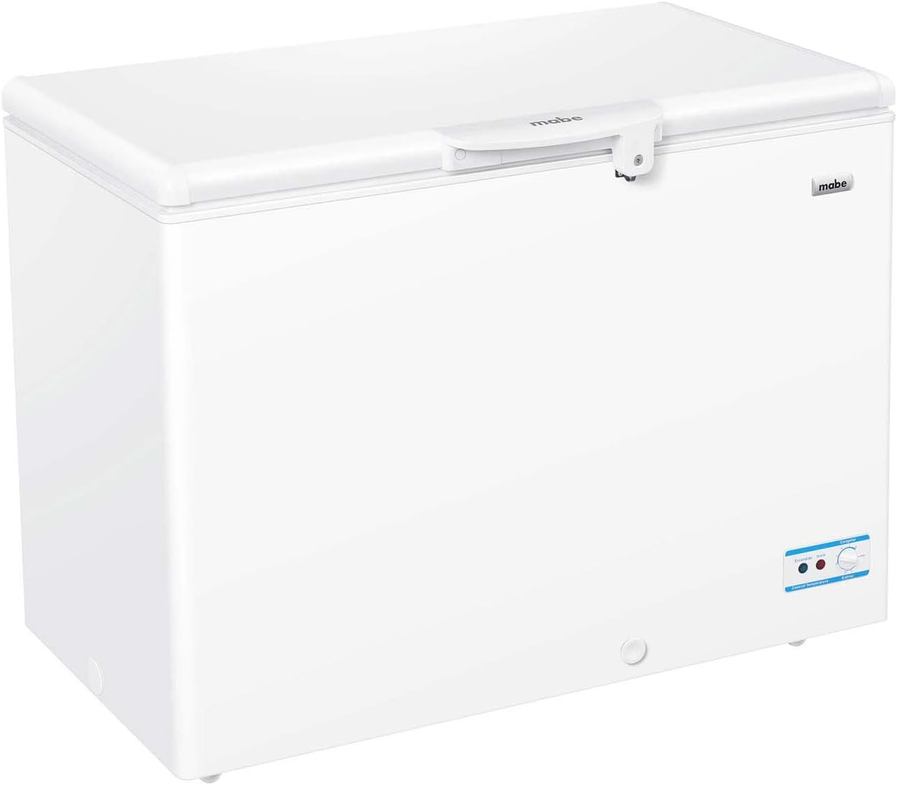 Angled view of the Mabe CHM11BPL horizontal freezer, showing the lid and side.