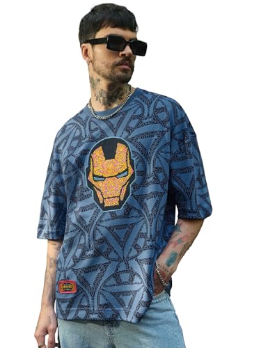 Image of The Souled Store Marvel Indie: Logo Men and Boys Short Sleeves Round Neck Embroidered Drop Shoulder Baggy Casual Streetwear Superheroes Inspired Cotton Super Oversized T-Shirt