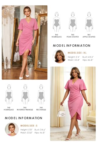 Image of Women's Wrap V Neck Asymmetrical Hem Midi Ruched Cocktail Evening Dress | Back Zipper, Regular Fit, Club Night, Semi Office Formal, Wedding Dinner Date, Flutter Short Sleeve, High Low Irregular Hem