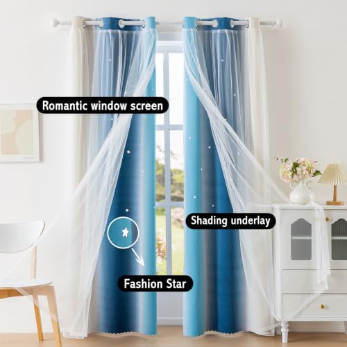 Image of Anytime Double Layer Dreamy Star Blackout Curtain 1 Panel W35 x L90,Blue