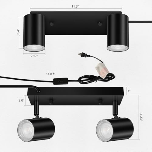 AUQUEE 2 Light Track Lighting Kit,Black 2 Way Modern Plug in Ceiling Spotlight,Industrial LED Wall Light for Kitchen Cabinet Gallery Bar Hallway Living Room,Rocker Switch,15 Foot Cord(No Bulb)