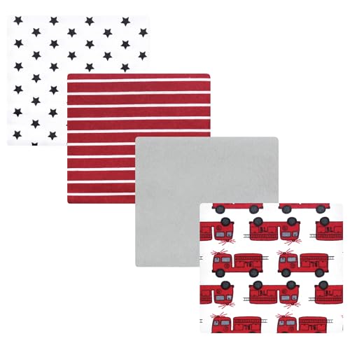 Image of Hudson Baby Infant Boys Cotton Flannel Receiving Blankets 4-Pack, Fire Truck, One Size