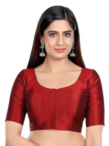 Image of Neckbook Women's Kora Silk Round Neck Half Sleeves Princess Cut Padded Readymade Saree Blouse
