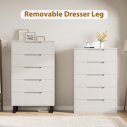 GarveeHome 5 Dresser for Bedroom, 50" Tall Dresser, Freestanding Vertical Drawer with Storage, Wooden Closet Chest Storage for Living Room, Hallway, Entryway, White