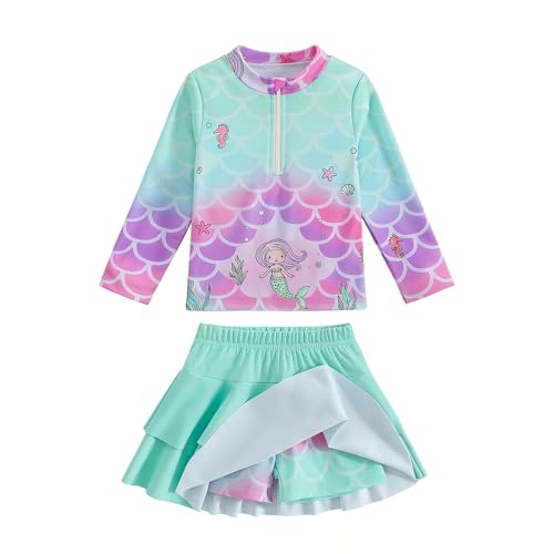 Image of Girls Rash Guard Swimsuit Set UPF 50+ Long Sleeve Two Piece Swimwear Half Zip with Skirt Bottom for Kids 3-10Y