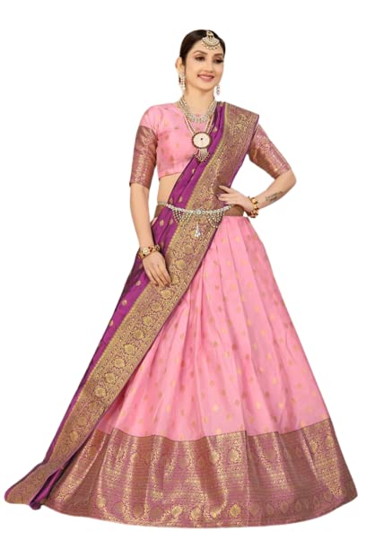 ElsieSONU CREATIONS Women's jacquard Silk Semi-Stitched Lehngha Choli with Woven SemiStitched Blouse & Dupatta (Light Pink) Size :- Free Size