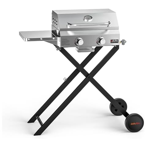 Onlyfire BBQ Gas Grill 2-Burner with Foldable Cart & Side Table, Portable Propane Grill with Lid for Outdoor Patio Backyard Barbecue Camping Tailgating RV Trip, Stainless Steel, GS323 Cover