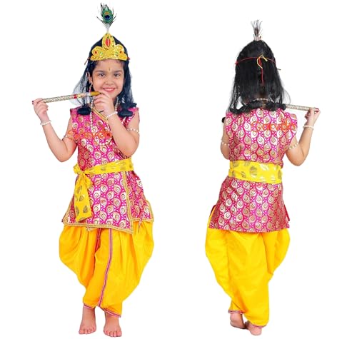Image of Sarvda Shree Krishna Dress for Baby Boy & Radha Dress for Girls | Janamashtami Dress | Fancy Dress Costume with Accessories Dhoti, Dupatta, Mukut Flute Complete set, Ethnic wear