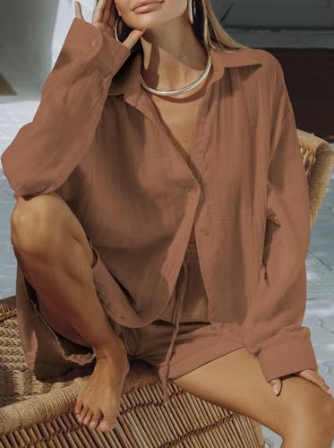 VamJump Women's 2 Piece Outfits Casual Long Sleeve Button Down Shirt and Shorts Tracksuit Matching Sets2