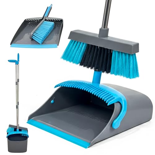 MEOWN 4 Piece Long Handle Dustpan and Brush Set, Upright Broom and Dustpan with Soft Bristles for Laminate Wooden Floors and Pet Hair, Standing Easy Store Cleaning Set for Indoor and Outdoor Use