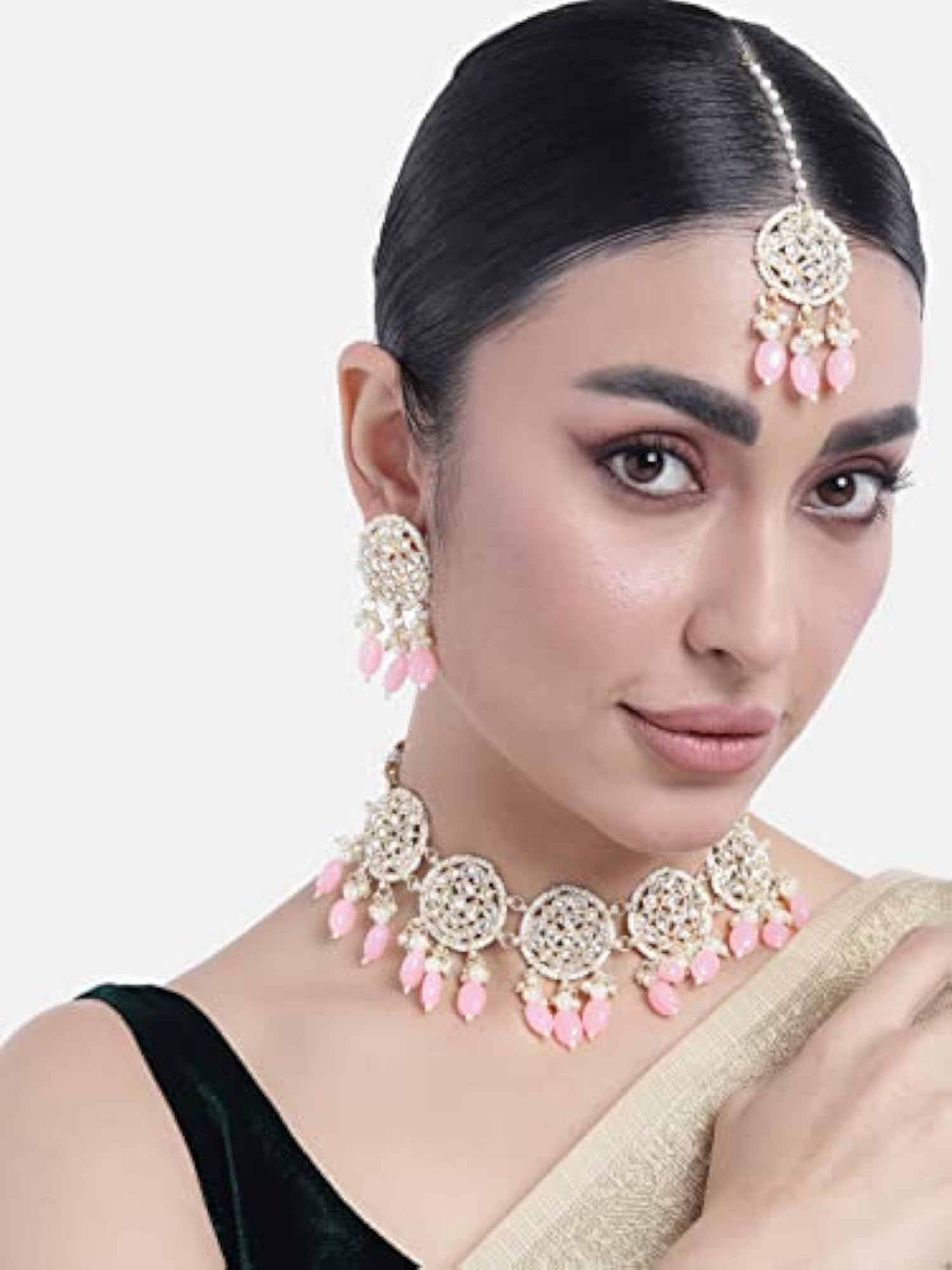 Plated Kundan Studded Choker Necklace & Dangle Earrings Set for Women