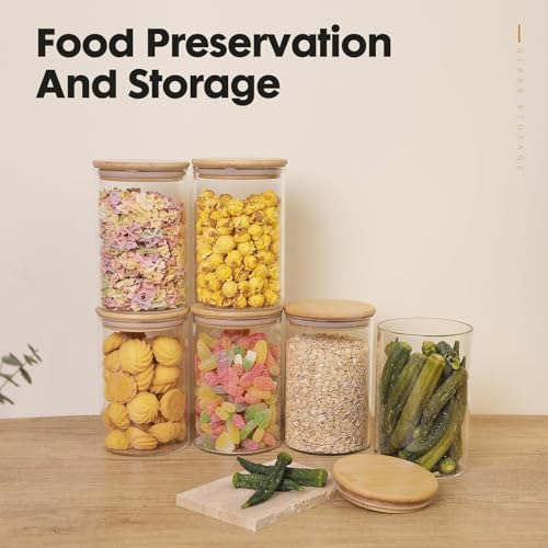 Image of MARTVIA Glass Food Storage Jars With Bamboo Lids 350Ml Set of 6,Wide Mouth Lid Jar For Home Kitchen,Flour,Sugar,Coffee,Pasta,Oats,Grains,Cookies,Snacks (Round,SET OF 6),Transparent