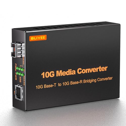 bliyee 10G Media Converter, Unmanaged 100M/1G/2.5G/10GBase-T Fiber Transceiver, SFP to RJ45 Converter, Support 10GBase-SR/LR Transceiver, Auto-Negotiation, Plug and Play