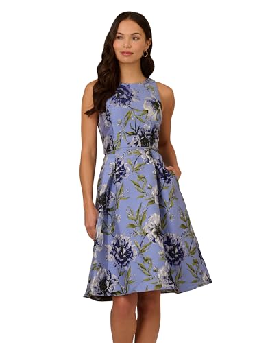 Adrianna Papell Women's Floral Jacquard Short Dress | Knee Length Cocktail Dress with Pleated Skirt & Hidden Pockets, Blue Multi, 20