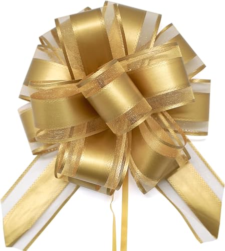 FQTANJU 5 PCS 6 inches Large Pull Bows Bow for Gift Wrapping Ribbon Bows for Wedding Christmas Birthday Party Gift Baskets or Valentines Day Flower Gift Boxes Decoration (Gold)