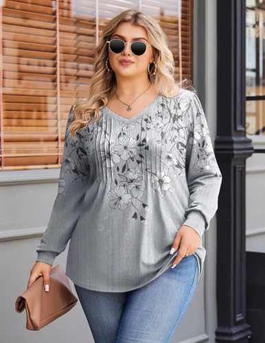 Image of IN'VOLAND Womens Plus Size Shirts V Neck Puff Long Sleeve Tops