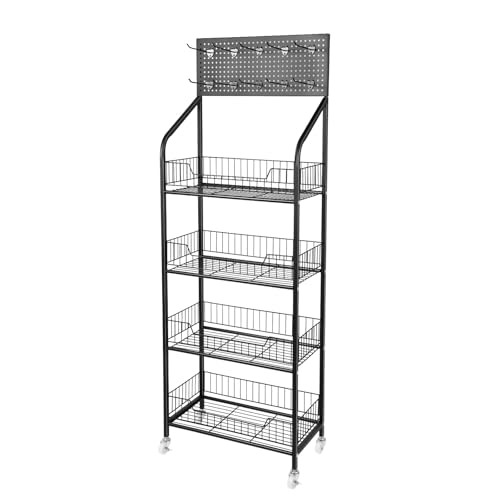 banborba 4-Tier Retail Display Rack, Retail Display Stand with Wheels & 10 Hooks, Snack Candy Display Organizer, Snack Rack, Basket Stand Cart, Metal Storage Shelf Stand for Snacks/Fruits/Tools(Black)