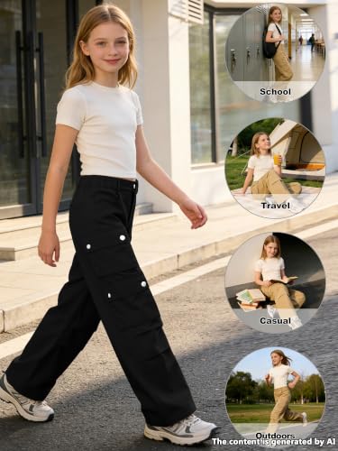 Image of SANGTREE Girls High Waist Casual Y2k Wide Leg Cargo Pants, 4-14 Years