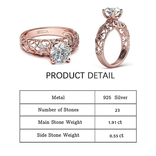 Jeulia 2 Carat Leaf Vines Rings for Women 925 Sterling Silver Rose Gold Plated Engagement Rings Round Cut Diamond Wedding Band Rings Solitaire CZ Promise Anniversary Rings Romantic Gift2