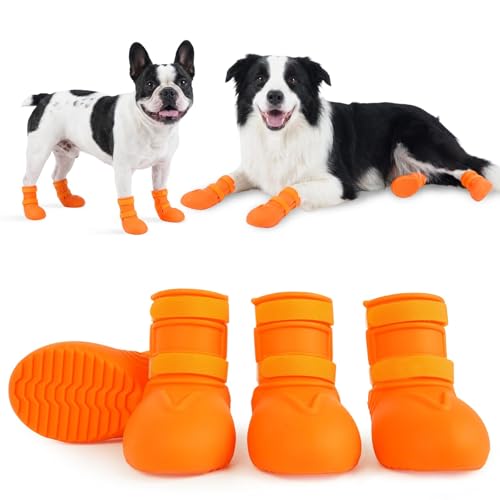 4Pcs Waterproof Dog Boots, Silicone Puppy Shoes for Small Medium Dogs, Anti-Slip Dog Shoes for Rain, Hot Pavement, Mud, Snow, Paw Protectors for Teddy Pomeranian Bichon French Bulldog