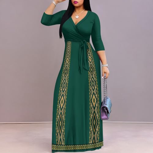Image of Plus Size Maxi Dress for Women V Neck 3 /4 Sleeve Wrap Dress Green M | Green Floral Women's Maxi Dress for Wedding
