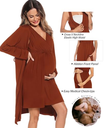 Image of SWOMOG Women Maternity Nursing Gown and Robe Set 3 in 1 Labor Delivery Nursing Nightgown for Breastfeeding Hospital Bathrobe