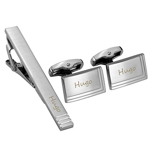 Jovivi Personalized Custom Name Message Tie Clip for Men Cufflinks Set Tuxedo Shirts Business Wedding in Gift Box(Silver)
