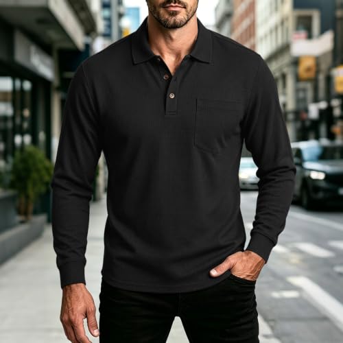 Mens Long Sleeve Polo Shirts Button Down Collar Golf Shirt | Trendy Casual, Button Down Collar, Chest Pocket, Slim Fit, Lightweight, Golf, Work, Fall, Winter Black XL - image 2