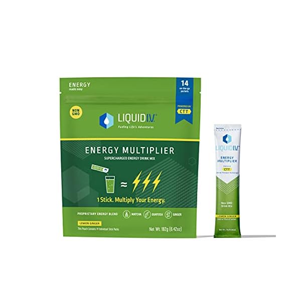 Liquid I.V. Hydration + Energy Multiplier - Lemon Ginger - Hydration Powder Packets | Electrolyte Drink Mix | Easy Open Single-Serving Stick | Non-GMO | 14 Sticks