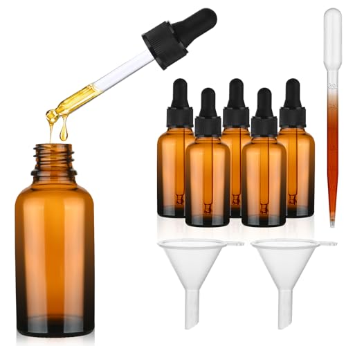 AYBUY Ambar Frasco Cuentagotas Cristal, 6 Piezas 30ml Ambar Frasco Cuentagotas Cristal con 2 Embudo 1 Cuentagotas, Goteros Botellas para Aceite Esencial Masaje Fragancia Aromaterapia Laboratorio