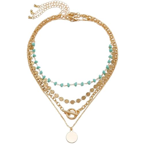 JUNLINTX Boho Layered Gold Turquoise Necklace for Women Multi Strand Western Beach Jewelry Stackable Chain with Toggle Clasp Disc Pendant Trendy Fashion Jewelry (gold)