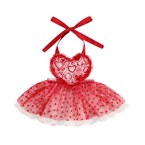 Newborn Girl Valentines Outfit Baby Sleeveless Halter Romper Lace Mesh Tutu Dress My First Valentines Baby Girl Outfit (A-Red,0-3 Months)