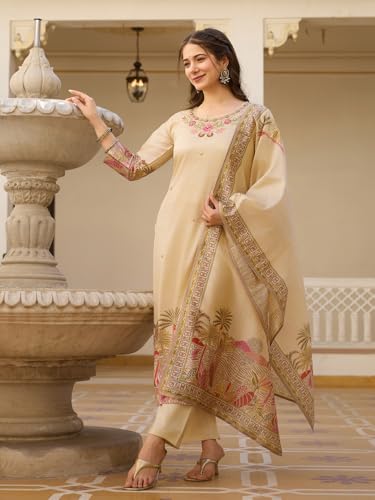 Image of Yashika Women's Beige Viscose Assam Silk Fabric Straight Printed Kurta, Pant and Dupatta Set | Kurta Set for Women