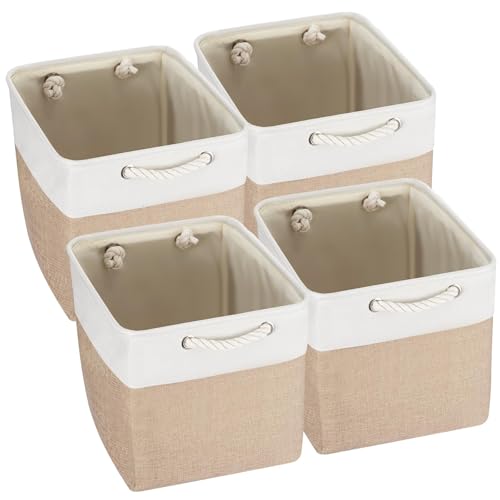 Caja de almacenamiento plegable con asas, cestas de almacenamiento de tela para estantes, armarios y armarios, organizador duradero y ligero para el hogar (caqui, 33 x 33 x 38 cm, 4 piezas)