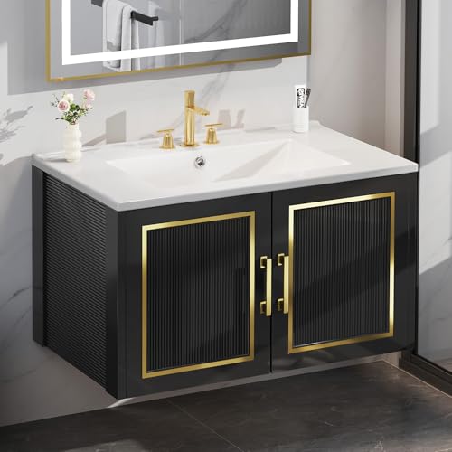 YITAHOME 30 Inch Floating Vanity with Sink Combo, Bathroom Vanity with 2 Soft-Closing Cabinets, Wall Mounted Vanity Modern Bathroom Storage Includes Countertop, Gold Metal Handle, Black