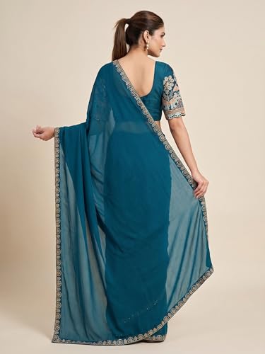 Image of Women's Saree with Heavy Embroidered Blouse & Border, Designer saree for Women