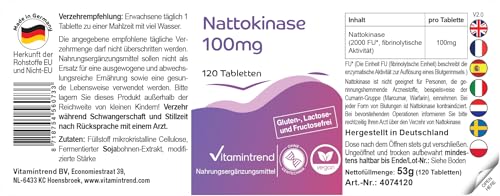Vitamintrend Nattokinase hochdosiert 100mg, 120 Tabletten, schluckfreundlich, 2000 FU pro Tablette, Nahrungsergänzungsmittel vegan ohne Magnesiumstearat, in Deutschland hergestellt